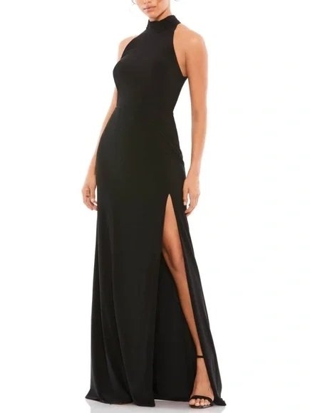 Mac Duggal Ieena Black High-Neck Halter Formal Gown Side Slit Opened Back Size 4